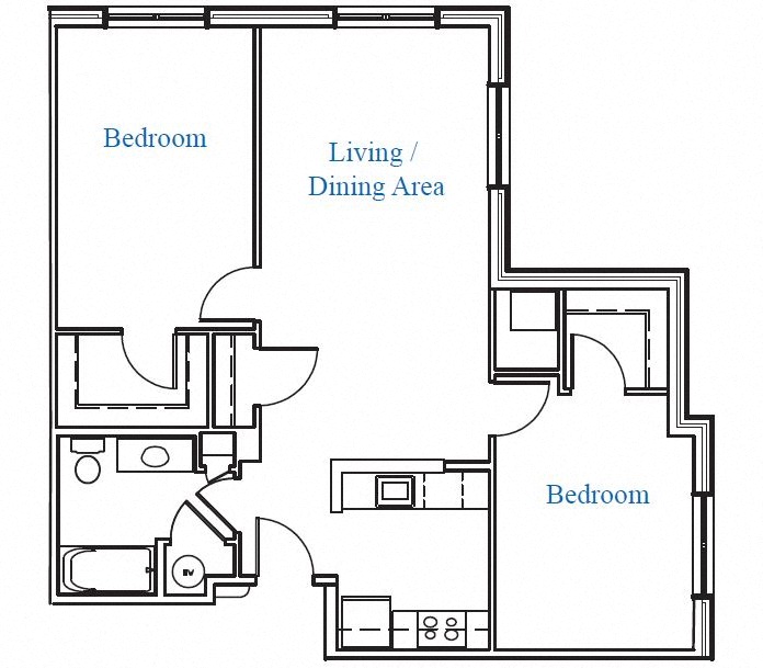 Floor plan for 2 beds, 1 bath, 875 sqft